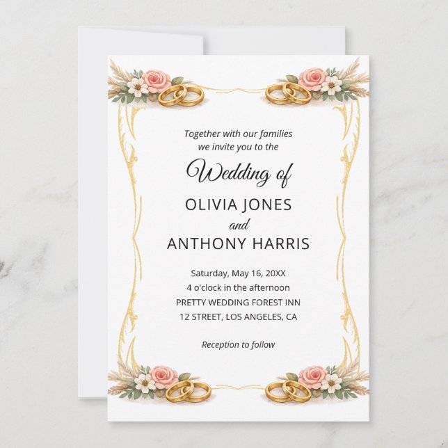 Elegant Gold Geometric Rustic Floral Wedding  Inbjudningar (Framsida)