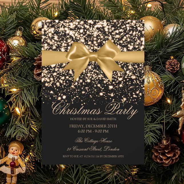 Elegant Gold Glam Bow Christmas Party  Inbjudningar (Elegant Gold Glam Bow Christmas Party Invitation)