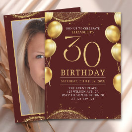 Elegant Gold Glitter Birthday 30th with Balloons Inbjudningar