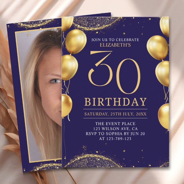 Elegant Gold Glitter Birthday 30th with Balloons Inbjudningar (Skapare uppladdad)
