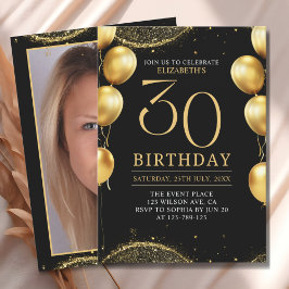 Elegant Gold Glitter Birthday 30th with Balloons Inbjudningar