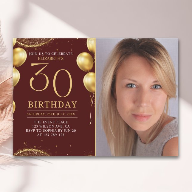 Elegant Gold Glitter Birthday 30th With Photo Inbjudningar (Skapare uppladdad)