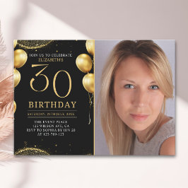 Elegant Gold Glitter Birthday 30th With Photo Inbjudningar