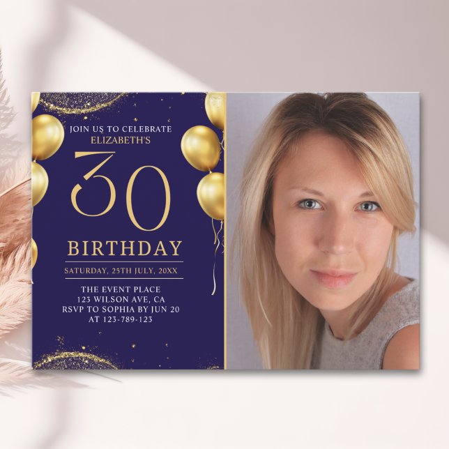 Elegant Gold Glitter Birthday 30th With Photo Inbjudningar (Skapare uppladdad)