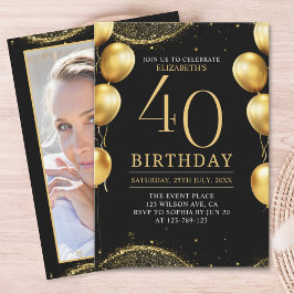 Elegant Gold Glitter Birthday 40th with Balloons Inbjudningar