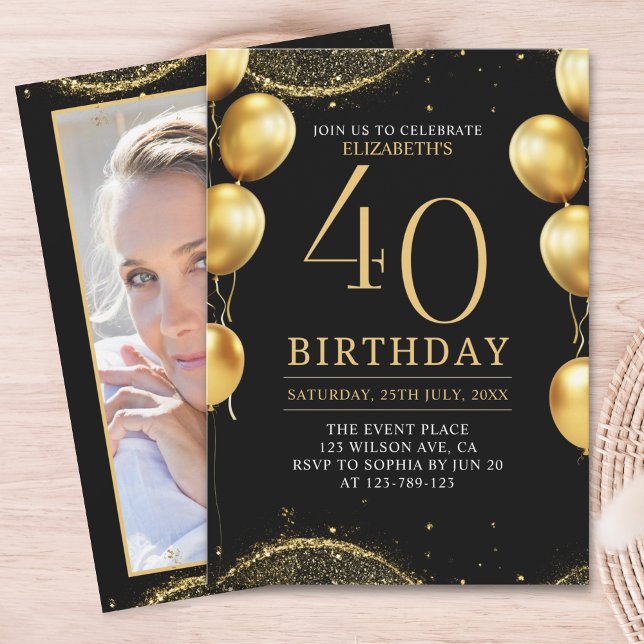 Elegant Gold Glitter Birthday 40th with Balloons Inbjudningar (Skapare uppladdad)