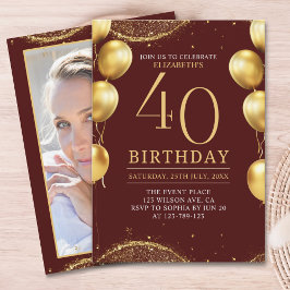 Elegant Gold Glitter Birthday 40th with Balloons Inbjudningar