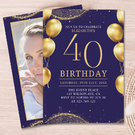 Elegant Gold Glitter Birthday 40th with Balloons Inbjudningar
