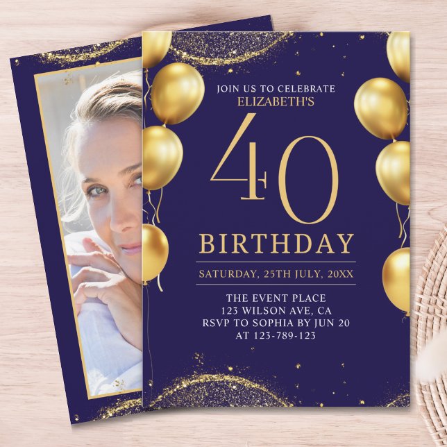 Elegant Gold Glitter Birthday 40th with Balloons Inbjudningar (Skapare uppladdad)