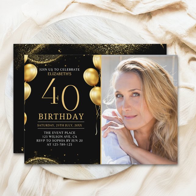 Elegant Gold Glitter Birthday 40th With Photo Inbjudningar (Skapare uppladdad)