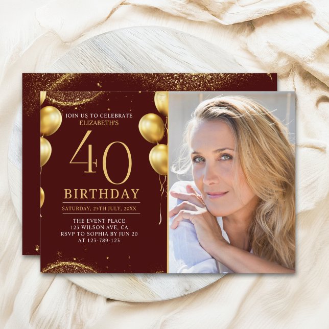 Elegant Gold Glitter Birthday 40th With Photo Inbjudningar (Skapare uppladdad)