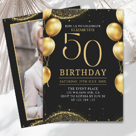 Elegant Gold Glitter Birthday 50th with Balloons Inbjudningar