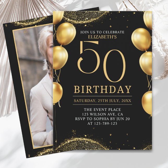 Elegant Gold Glitter Birthday 50th with Balloons Inbjudningar (Skapare uppladdad)