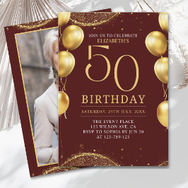 Elegant Gold Glitter Birthday 50th with Balloons Inbjudningar