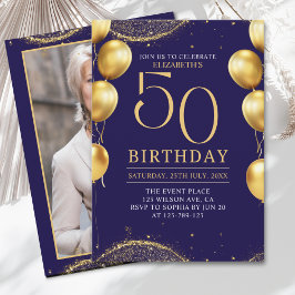 Elegant Gold Glitter Birthday 50th with Balloons Inbjudningar