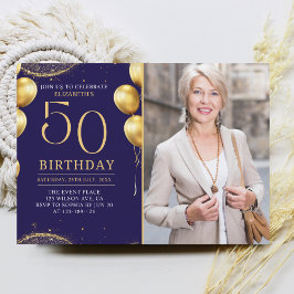 Elegant Gold Glitter Birthday 50th With Photo Inbjudningar