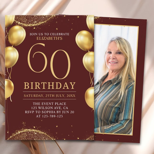 Elegant Gold Glitter Birthday 60th with Balloons Inbjudningar (Skapare uppladdad)