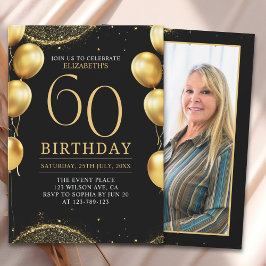 Elegant Gold Glitter Birthday 60th with Balloons Inbjudningar