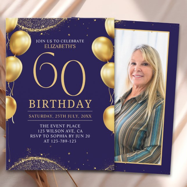 Elegant Gold Glitter Birthday 60th with Balloons Inbjudningar (Skapare uppladdad)