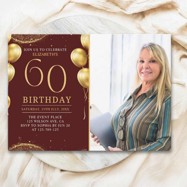 Elegant Gold Glitter Birthday 60th With Photo Inbjudningar (Skapare uppladdad)