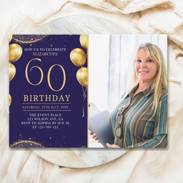 Elegant Gold Glitter Birthday 60th With Photo Inbjudningar (Skapare uppladdad)