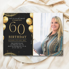 Elegant Gold Glitter Birthday 60th With Photo Inbjudningar