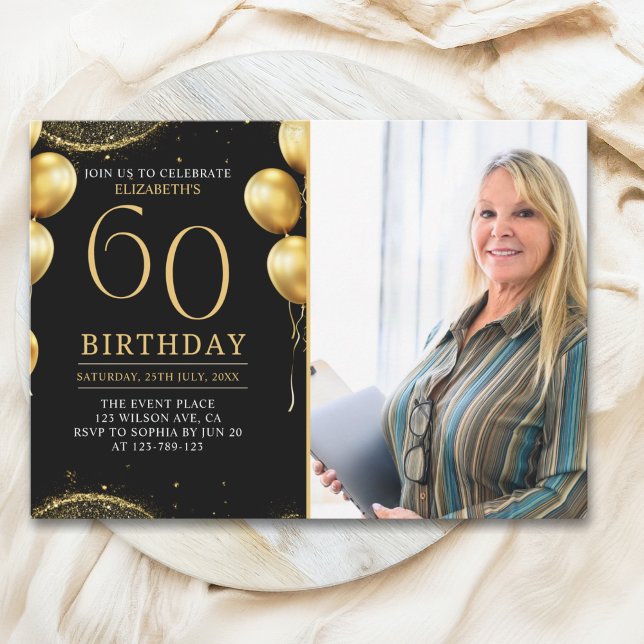 Elegant Gold Glitter Birthday 60th With Photo Inbjudningar (Skapare uppladdad)