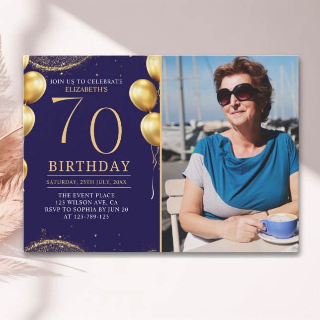 Elegant Gold Glitter Birthday 70th With Photo Inbjudningar (Skapare uppladdad)