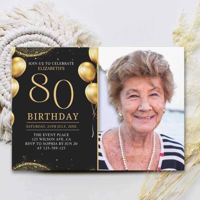 Elegant Gold Glitter Birthday 80th With Photo Inbjudningar (Skapare uppladdad)