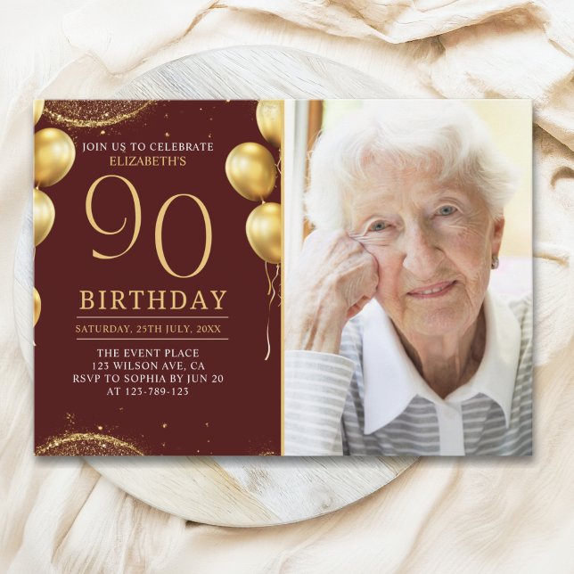 Elegant Gold Glitter Birthday 90th With Photo Inbjudningar (Skapare uppladdad)