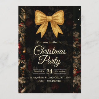 Elegant Gold Glitter Bow Dark Christmas Party Inbjudningar