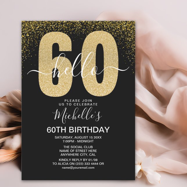 Elegant Gold Glitter "Hello 60" Birthday  Inbjudningar (Skapare uppladdad)