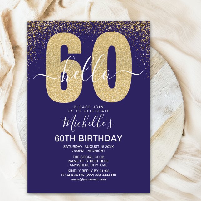 Elegant Gold Glitter "Hello 60" Birthday  Inbjudningar (Skapare uppladdad)