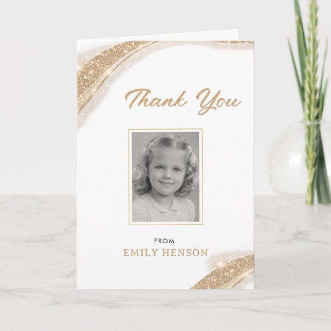 Elegant Gold Glitter Photo Birthday Tack Kort (Framsida)