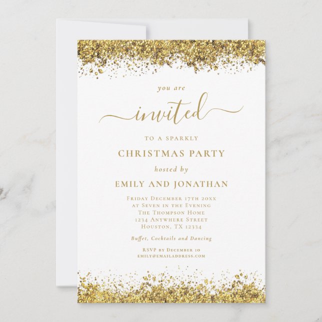 Elegant Gold Glitter Script Christmas Party Inbjudningar (Framsida)