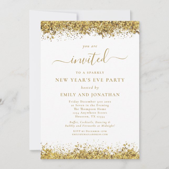 Elegant Gold Glitter Script New Years Eve Party Inbjudningar (Framsida)
