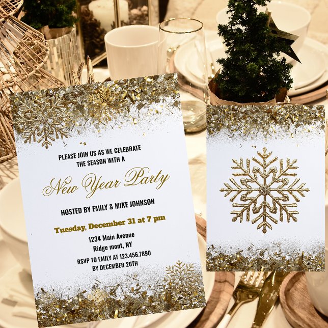 Elegant Gold Glitter Snowflake New Year Party Inbjudningar (Skapare uppladdad)