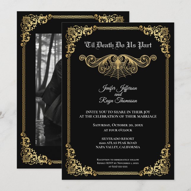 Elegant gold Gothic Halloween wedding Invitation Inbjudningar (Fram/baksida)