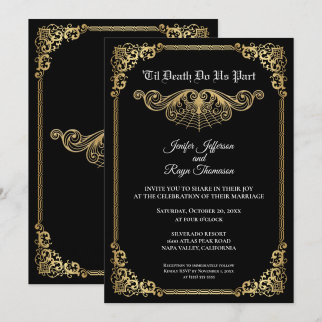 Elegant gold Gothic Halloween wedding Invitation Inbjudningar (Fram/baksida)
