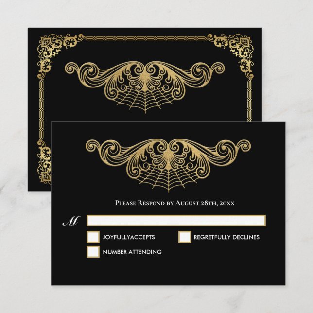 Elegant gold Gothic Halloween Wedding RSVP Card OSA Kort (Fram/baksida)