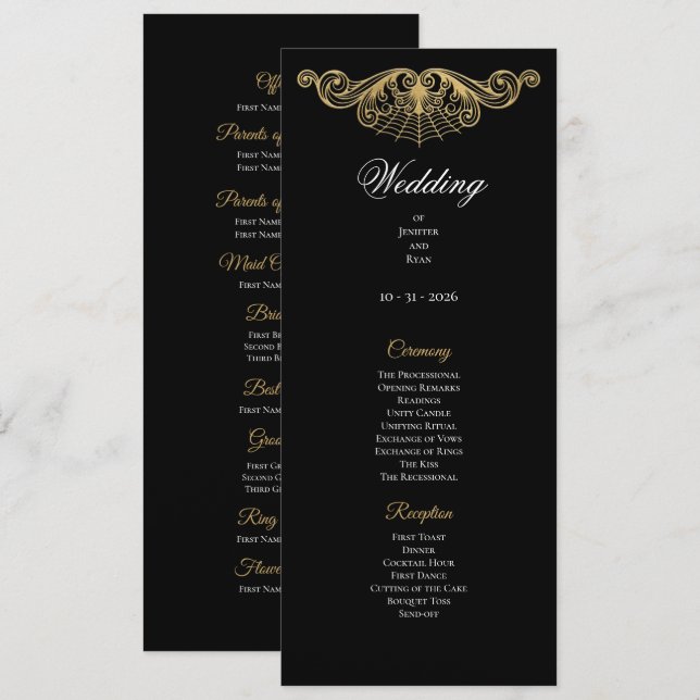 Elegant gold Gothic Wedding Program (Fram/baksida)