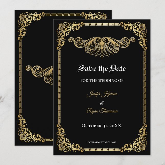 Elegant gold Gothic wedding save the date Meddelande (Fram/baksida)