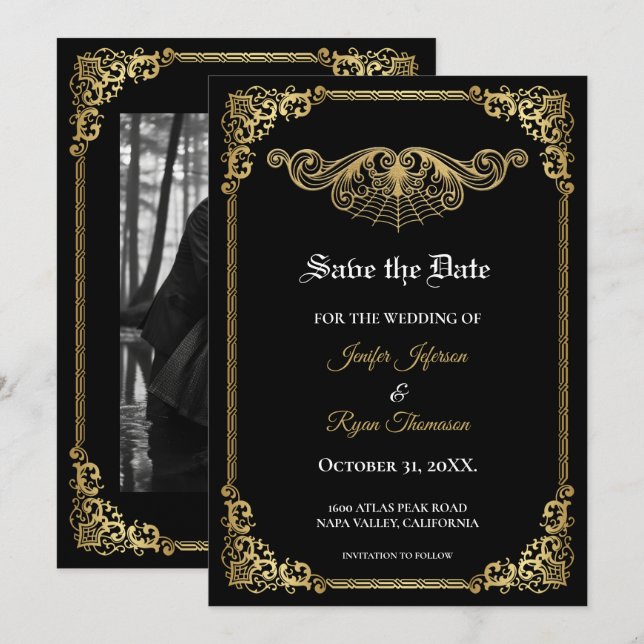 Elegant gold Gothic wedding save the date Meddelande (Fram/baksida)