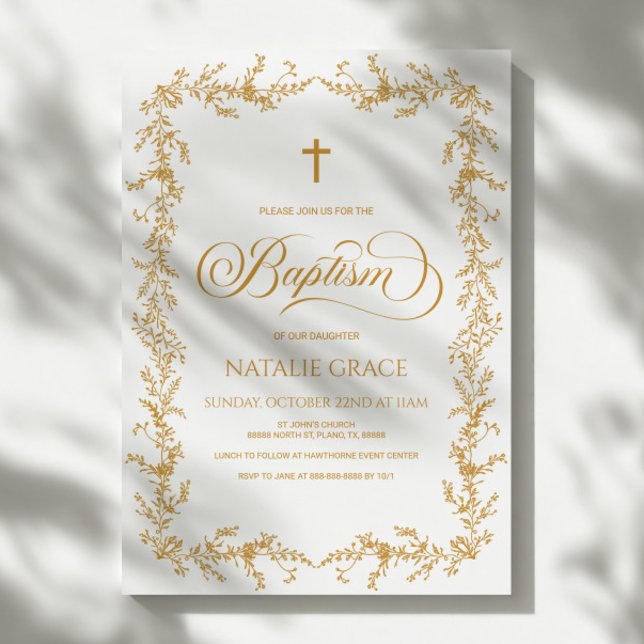 Elegant Gold Hand Drawn Floral Frame Baptism Inbjudningar (Skapare uppladdad)