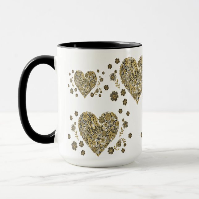 Elegant Gold Hearts & Floral Mug – Romantic Gift Mugg (Vänster)