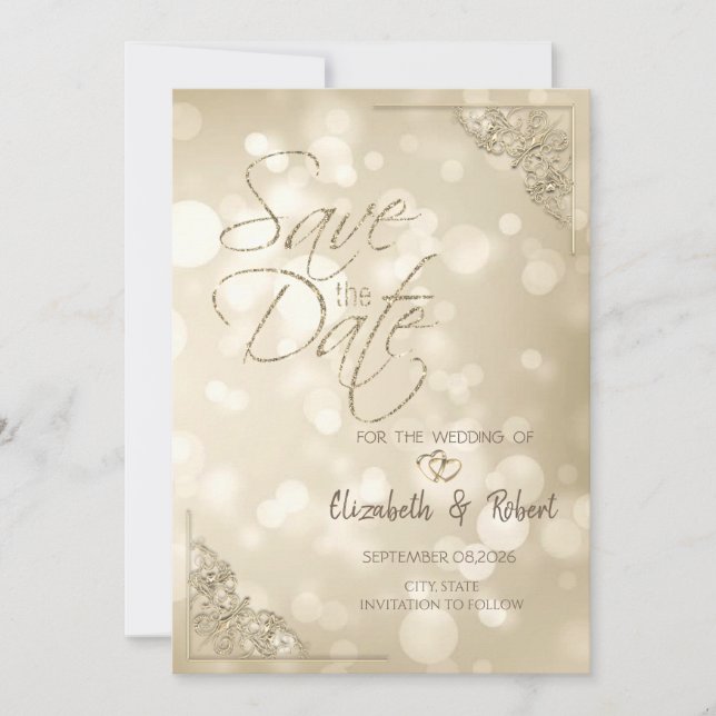 Elegant Gold Hearts Frame Bokeh Save The Date Spara Datumet (Framsida)