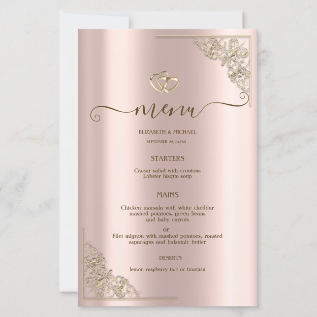 Elegant Gold Hearts Rose Gold Wedding Menu Card (Framsida)