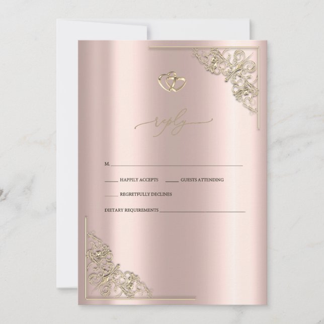 Elegant Gold Hearts Rose Gold Wedding RSVP   Inbjudningar (Framsida)