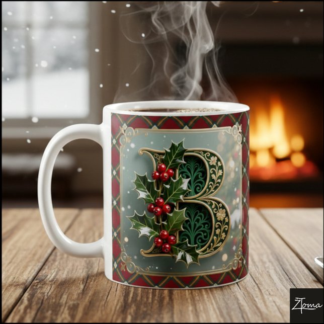 Elegant Gold Holly Christmas Initial Letter B Kaffemugg (Skapare uppladdad)