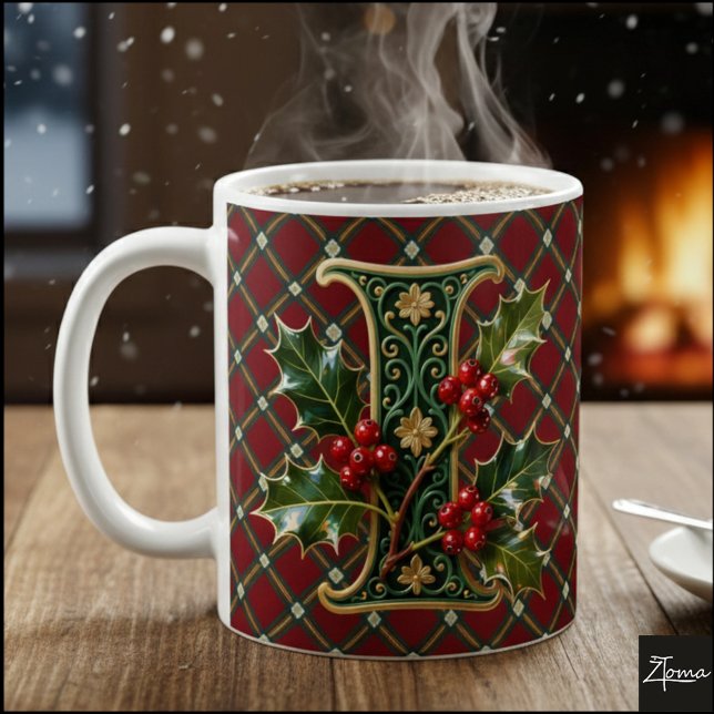 Elegant Gold Holly Christmas Initial Letter I Kaffemugg (Skapare uppladdad)